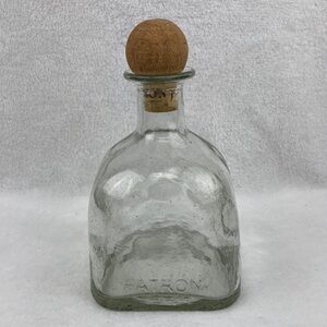 Patron Tequila Hand Blown Glass Bottle With Cork Stopper 8”